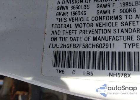 2012 Honda Civic Lx z USA, uszkodzony, nr VIN 2HGFB2F58CH602911